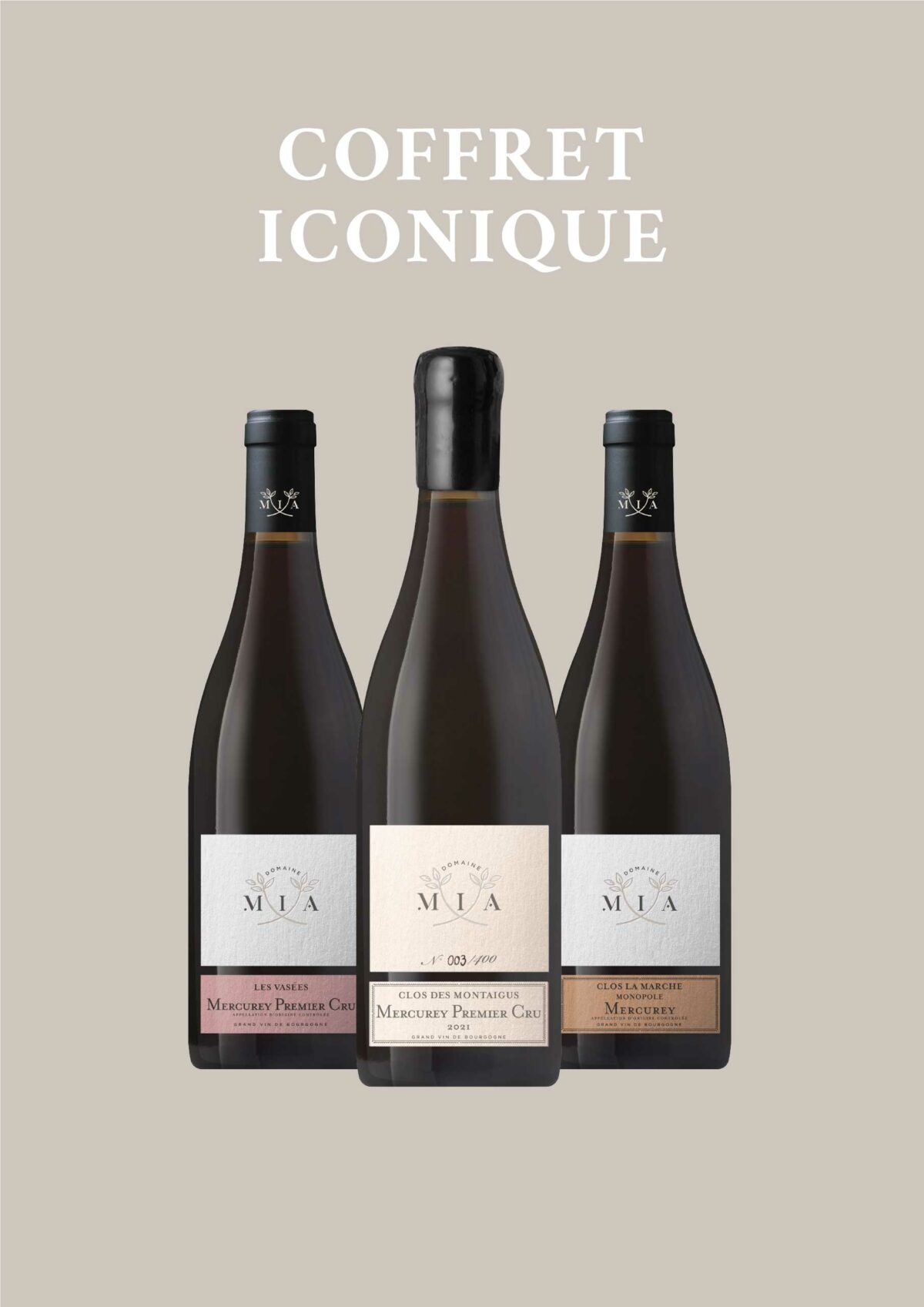 Coffret contenant 3 bouteilles de vins iconiques rouge de Domaine Mia